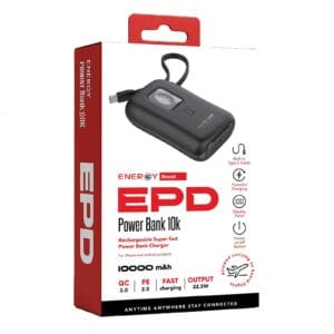 סוללת גיבוי ENERGY E10KPD20 10000mAh עם כבלים מובנים – שחור